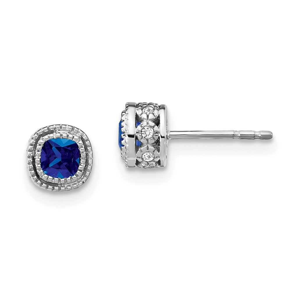 Solid 14k White Gold Cushion Simulated Sapphire and CZ Earrings