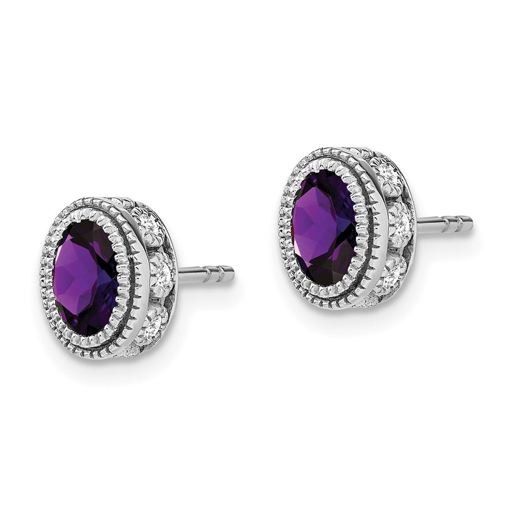 14k White Gold Oval Amethyst and Real Diamond Earrings