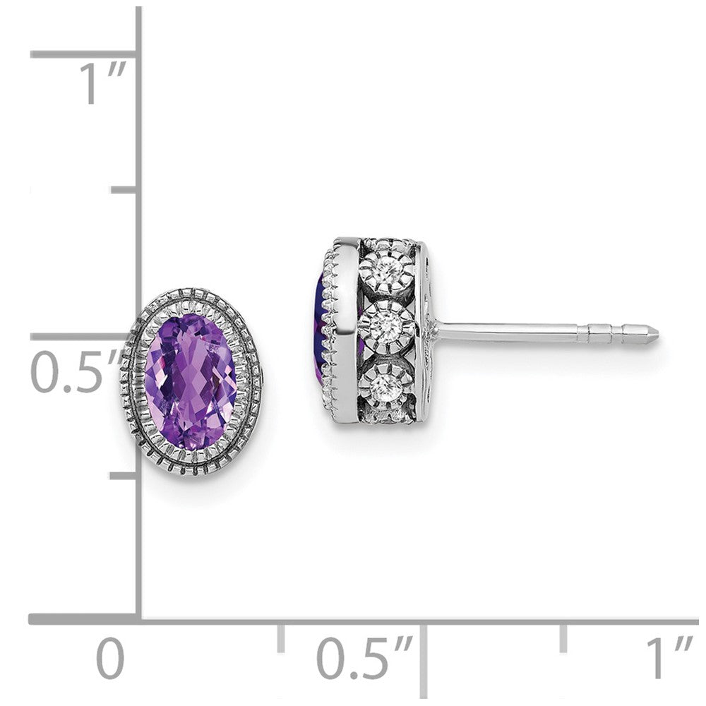 Solid 14k White Gold Oval Simulated Amethyst and CZ Earrings