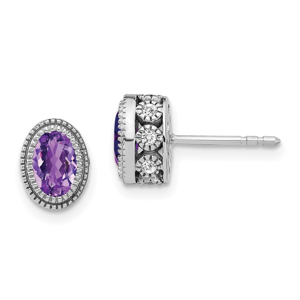 14k White Gold Oval Amethyst and Real Diamond Earrings