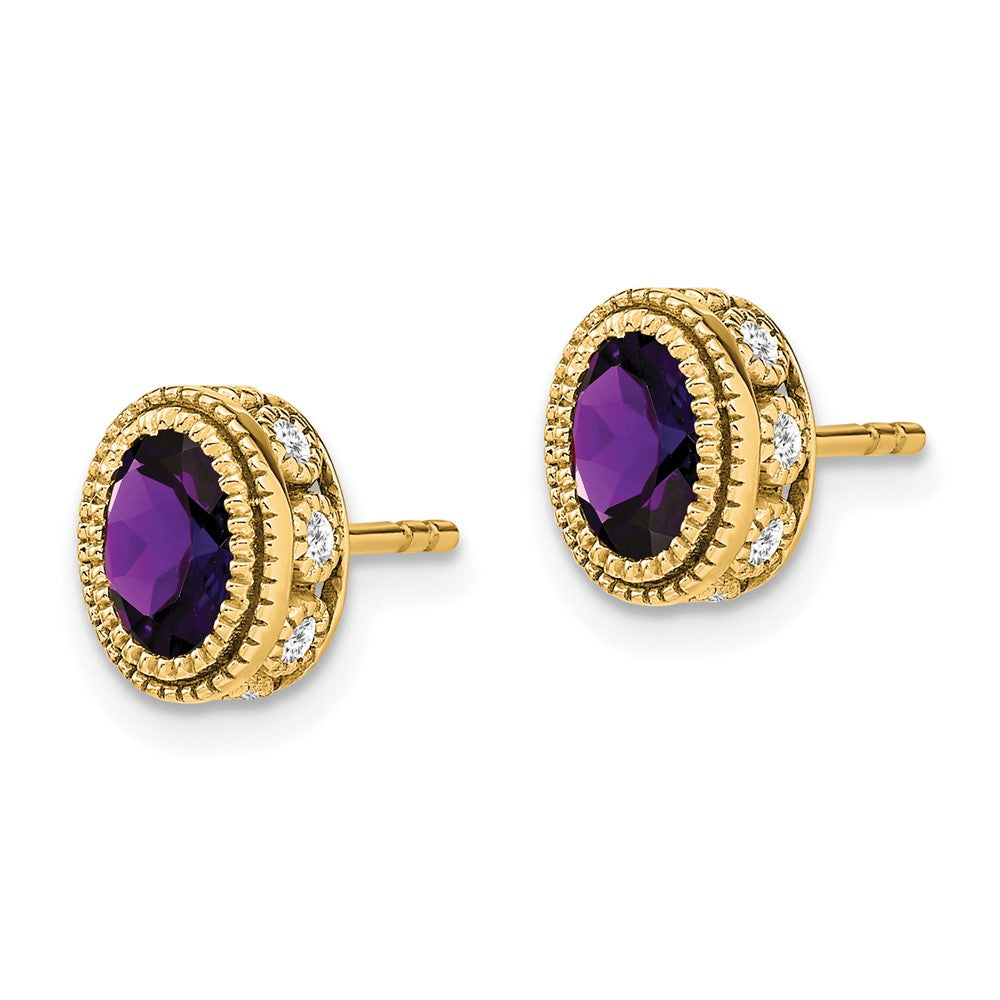 14k Yellow Gold Oval Amethyst and Real Diamond Earrings