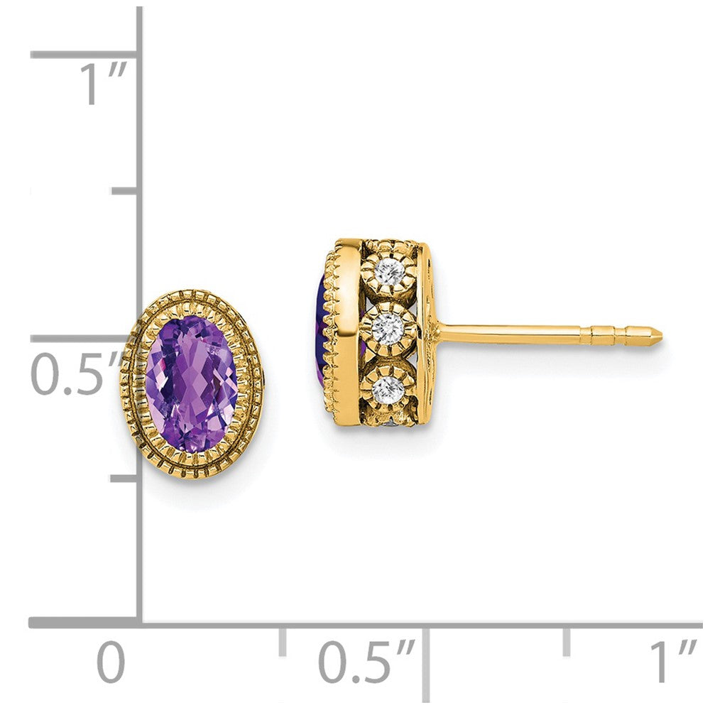 14k Yellow Gold Oval Amethyst and Real Diamond Earrings