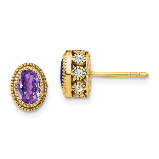 Solid 14k Yellow Gold Oval Simulated Amethyst and CZ Earrings