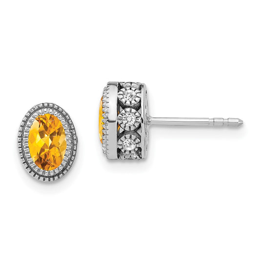 Solid 14k White Gold Oval Simulated Citrine and CZ Earrings