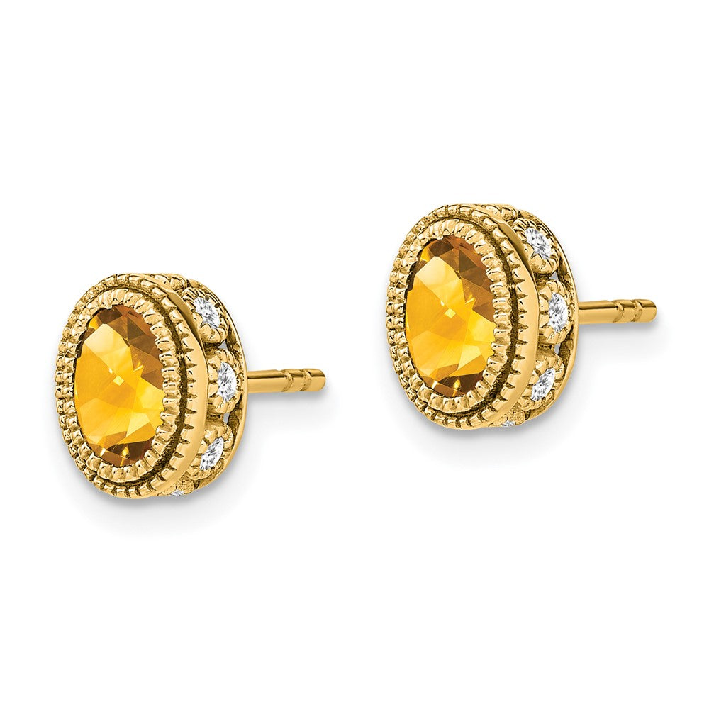 Solid 14k Yellow Gold Oval Simulated Citrine and CZ Earrings