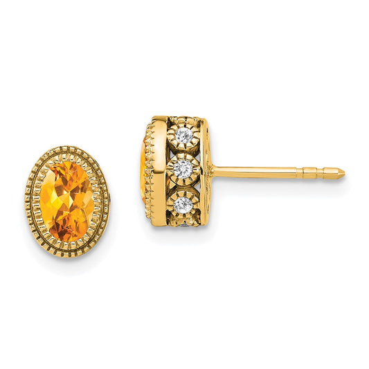 Solid 14k Yellow Gold Oval Simulated Citrine and CZ Earrings