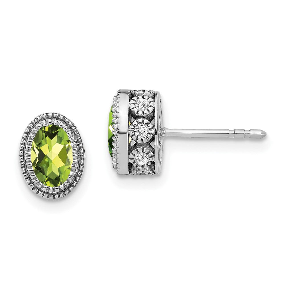 Solid 14k White Gold Oval Simulated Peridot and CZ Earrings