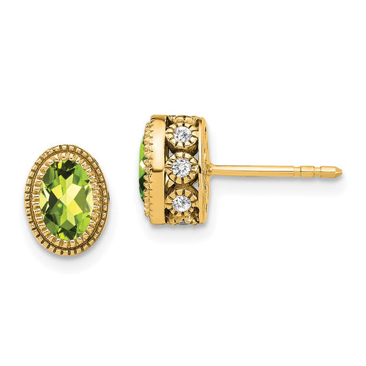 Solid 14k Yellow Gold Oval Simulated Peridot and CZ Earrings