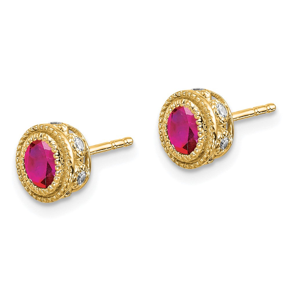 Solid 14k Yellow Gold Simulated Ruby and CZ Earrings