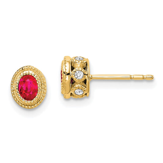 Solid 14k Yellow Gold Simulated Ruby and CZ Earrings