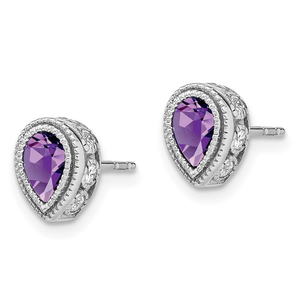 Solid 14k White Gold Pear Simulated Amethyst and CZ Earrings