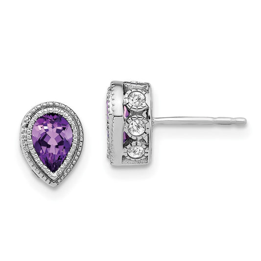 Solid 14k White Gold Pear Simulated Amethyst and CZ Earrings