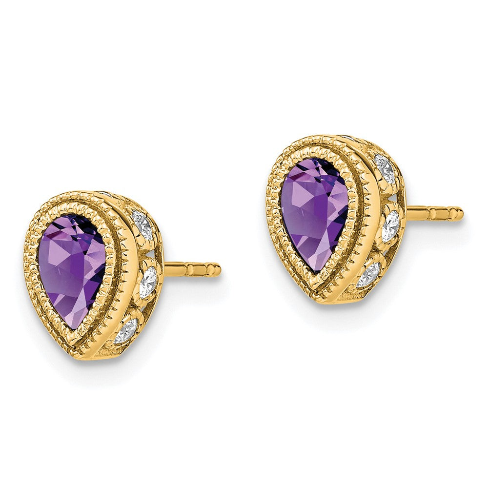 Solid 14k Yellow Gold Pear Simulated Amethyst and CZ Earrings