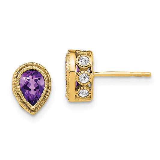 Solid 14k Yellow Gold Pear Simulated Amethyst and CZ Earrings