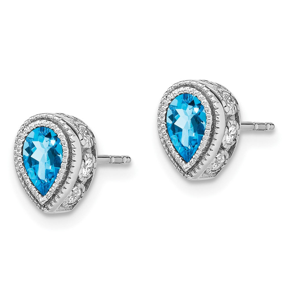 14k White Gold Pear Blue Topaz and Real Diamond Earrings