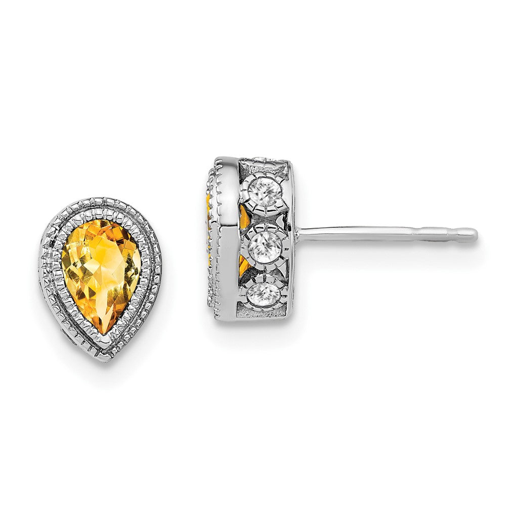 Solid 14k White Gold Pear Simulated Citrine and CZ Earrings