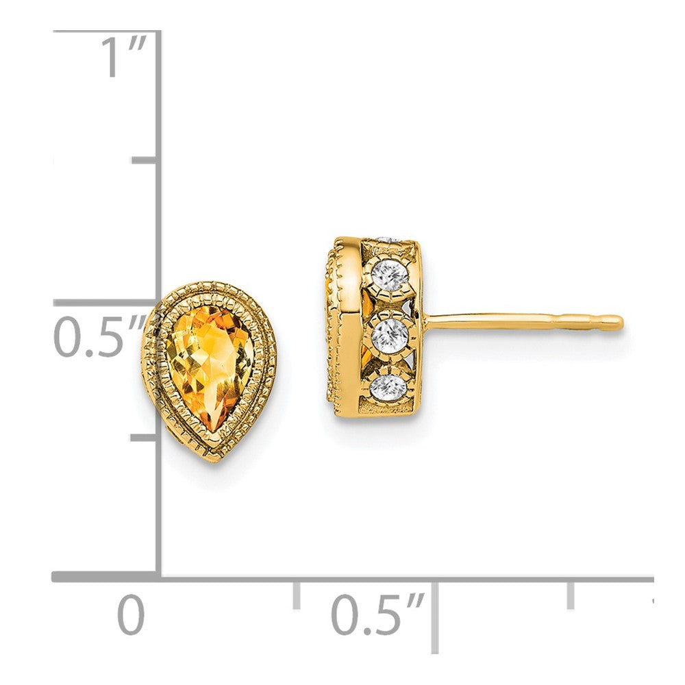 Solid 14k Yellow Gold Pear Simulated Citrine and CZ Earrings