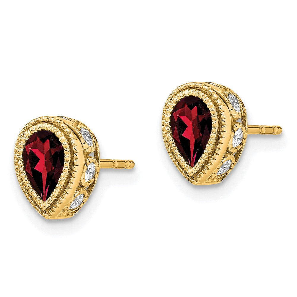 Solid 14k Yellow Gold Pear Simulated Garnet and CZ Earrings