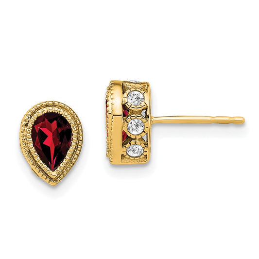 Solid 14k Yellow Gold Pear Simulated Garnet and CZ Earrings