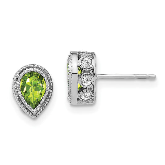 Solid 14k White Gold Pear Simulated Peridot and CZ Earrings