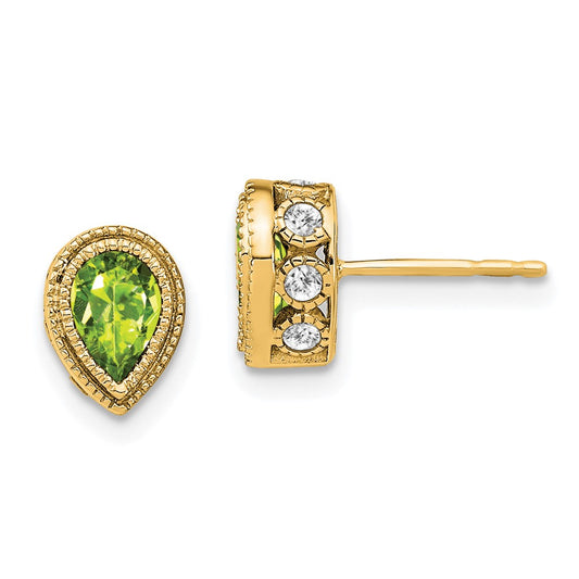 Solid 14k Yellow Gold Pear Simulated Peridot and CZ Earrings