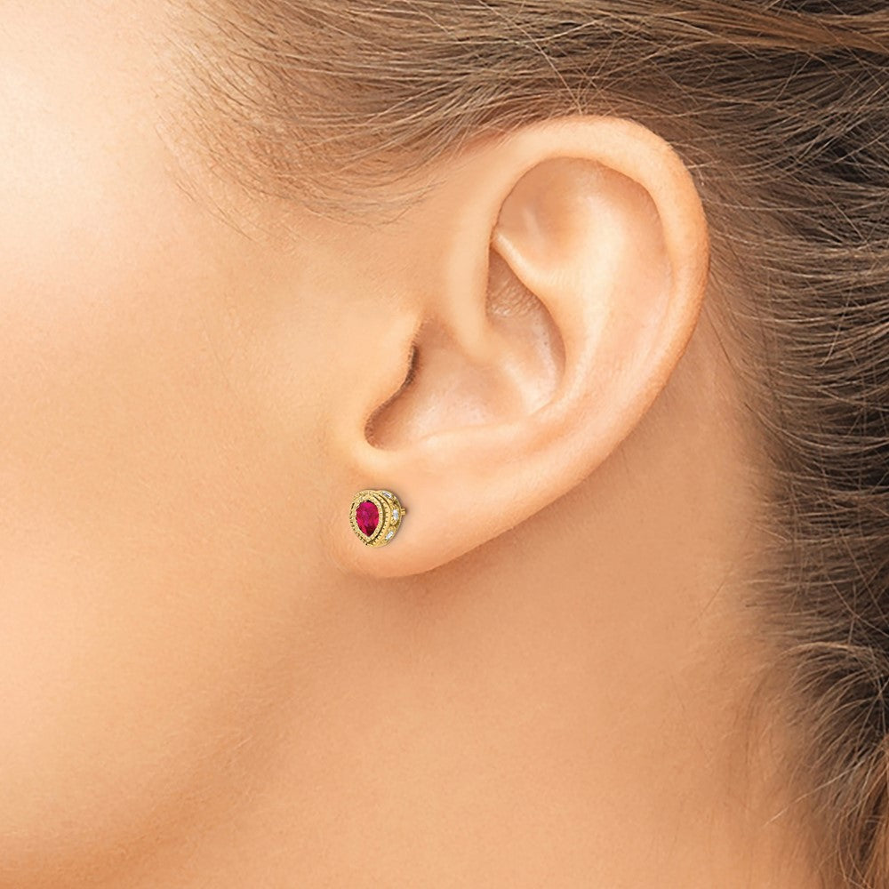 Solid 14k Yellow Gold Simulated Ruby and CZ Earrings