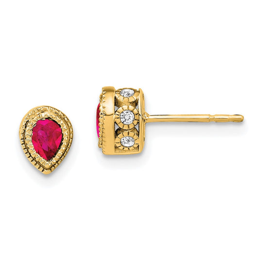 Solid 14k Yellow Gold Simulated Ruby and CZ Earrings