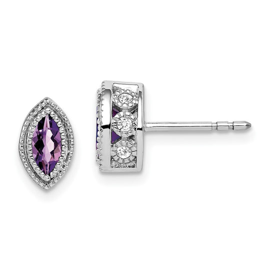 Solid 14k White Gold Marquise Simulated Amethyst and CZ Earrings