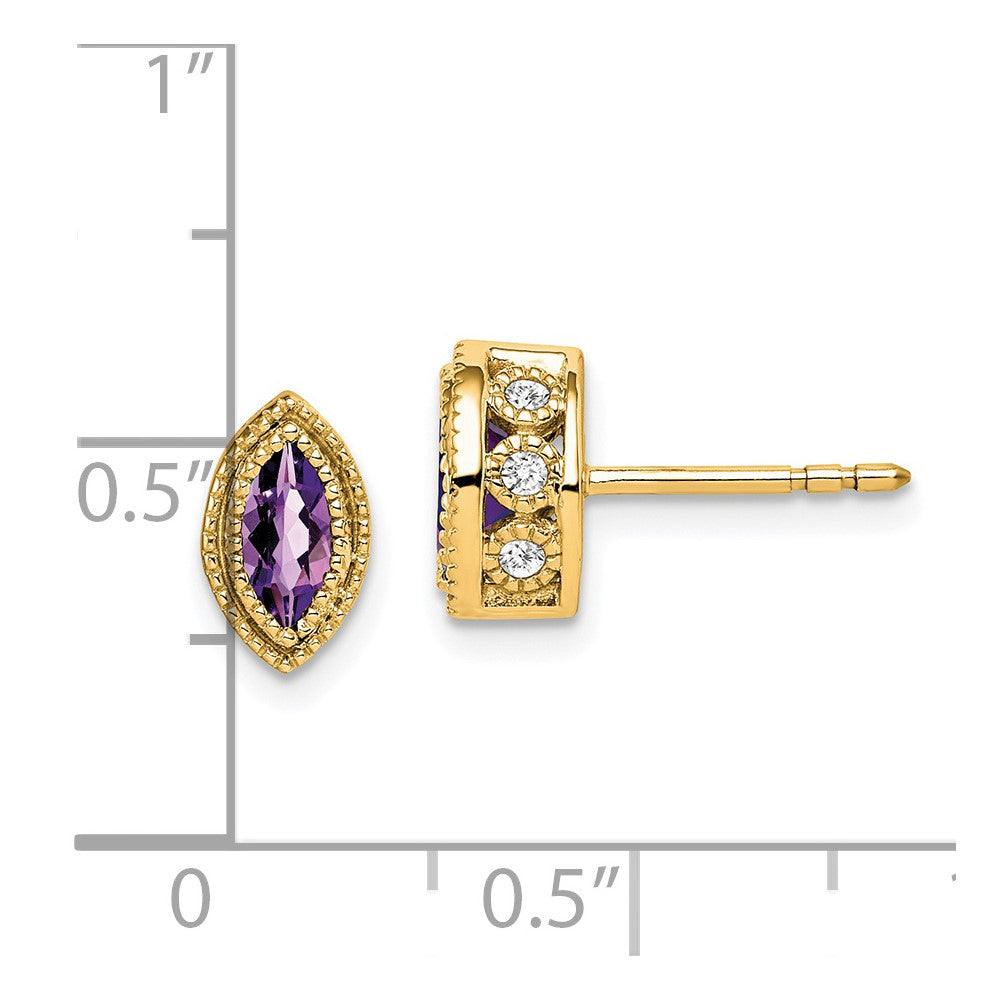 14k Yellow Gold Marquise Amethyst and Real Diamond Earrings