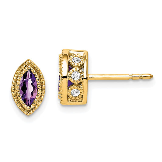 Solid 14k Yellow Gold Marquise Simulated Amethyst and CZ Earrings