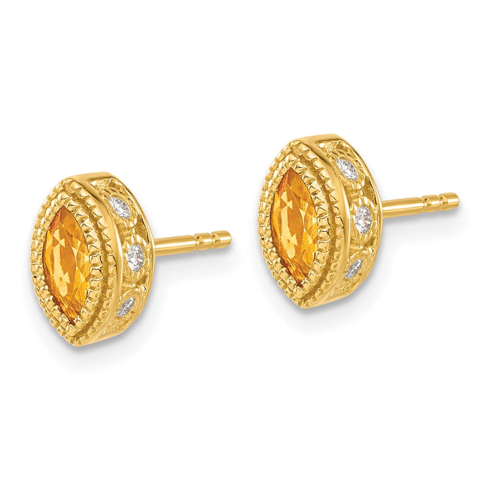 Solid 14k Yellow Gold Marquise Simulated Citrine and CZ Earrings