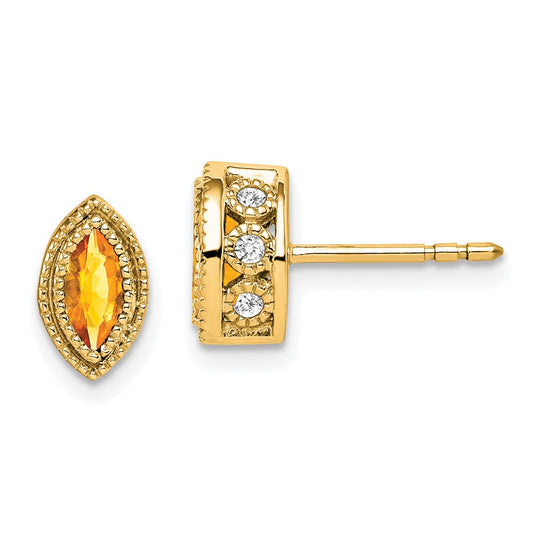 Solid 14k Yellow Gold Marquise Simulated Citrine and CZ Earrings