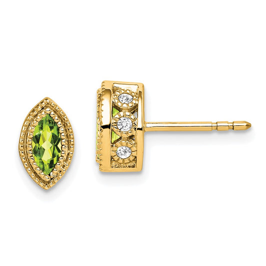 Solid 14k Yellow Gold Marquise Simulated Peridot and CZ Earrings