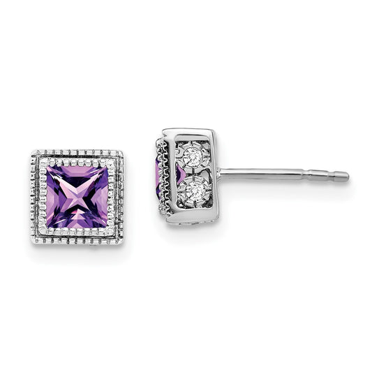 14k White Gold Square Amethyst and Real Diamond Earrings