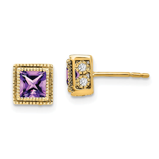 Solid 14k Yellow Gold Square Simulated Amethyst and CZ Earrings