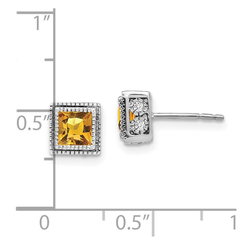 Solid 14k White Gold Square Simulated Citrine and CZ Earrings