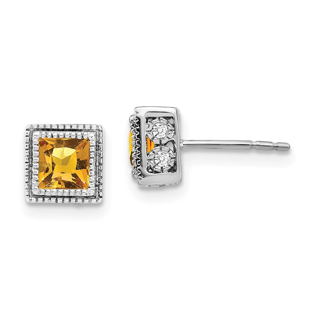 Solid 14k White Gold Square Simulated Citrine and CZ Earrings