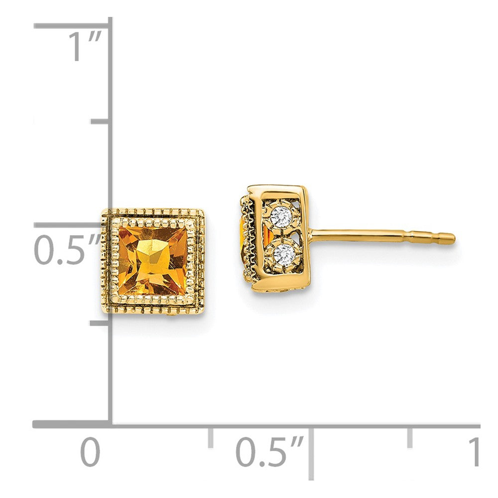 Solid 14k Yellow Gold Square Simulated Citrine and CZ Earrings