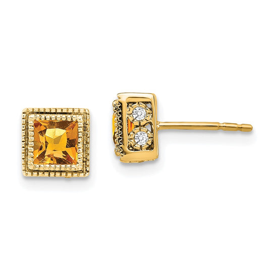 Solid 14k Yellow Gold Square Simulated Citrine and CZ Earrings