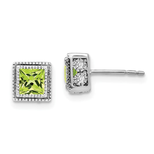 Solid 14k White Gold Square Simulated Peridot and CZ Earrings