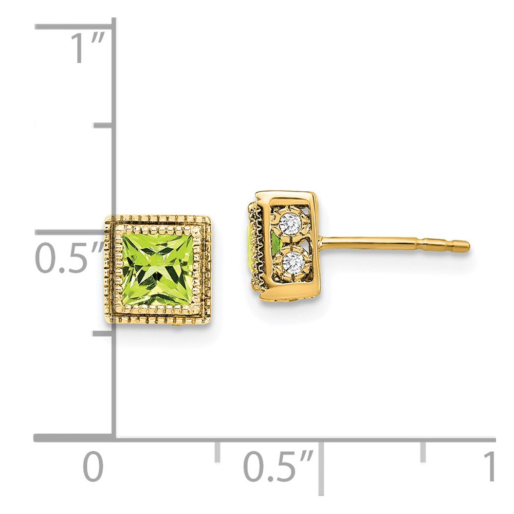 Solid 14k Yellow Gold Square Simulated Peridot and CZ Earrings