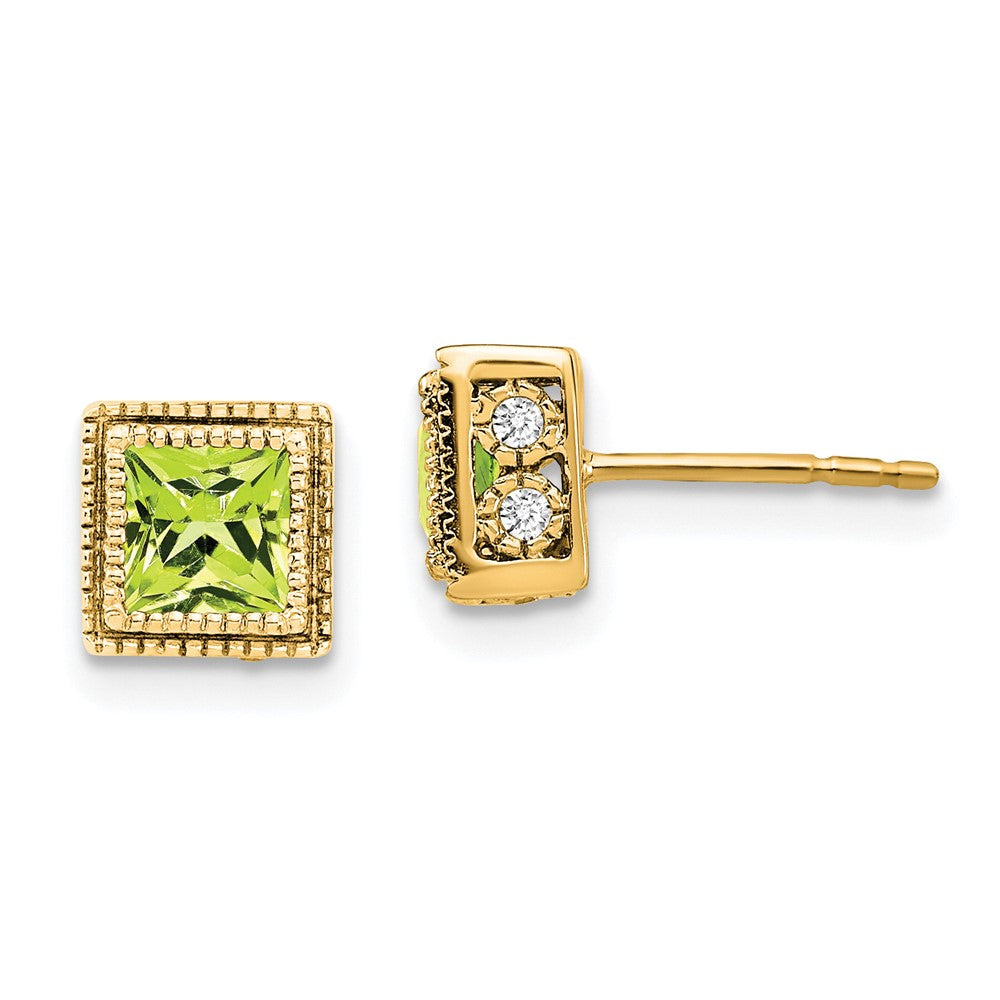 Solid 14k Yellow Gold Square Simulated Peridot and CZ Earrings