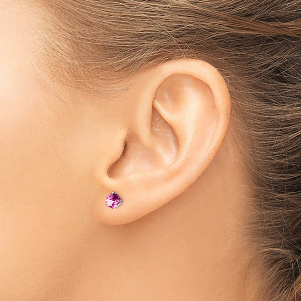 14k White Gold Round Created Pink Sapphire Earrings