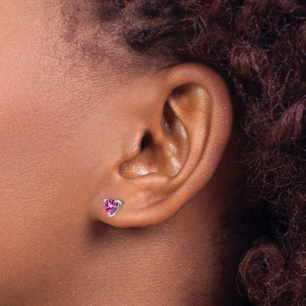 14k White Gold Heart Created Pink Sapphire Earrings