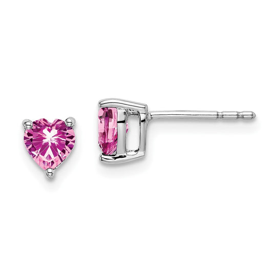 14k White Gold Heart Created Pink Sapphire Earrings