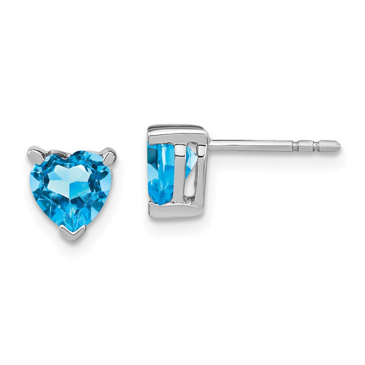 Solid 14k White Gold Heart Simulated Blue Topaz Earrings