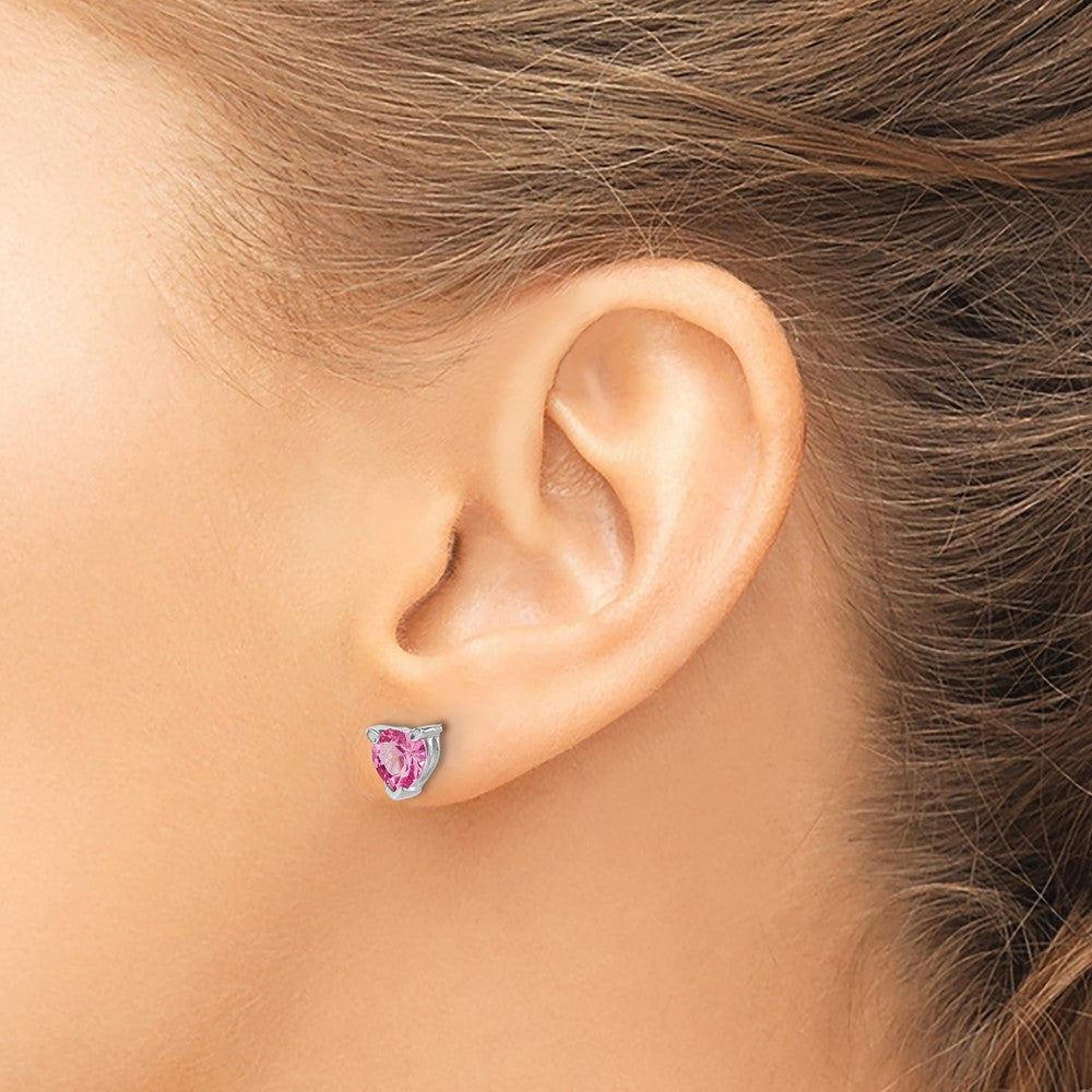 14k White Gold Heart Created Pink Sapphire Earrings