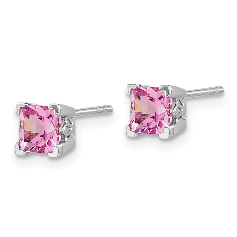 14k White Gold Square Created Pink Sapphire Earrings