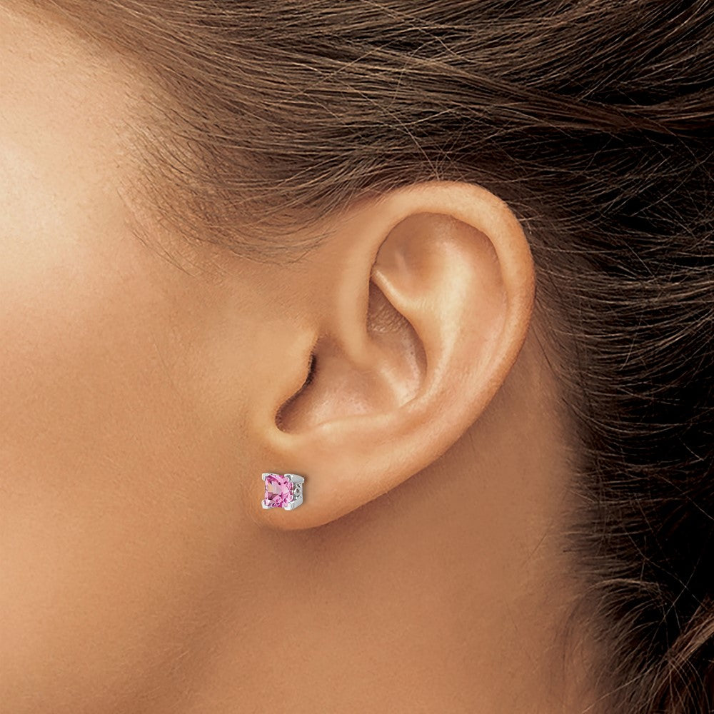 14k White Gold Square Created Pink Sapphire Earrings