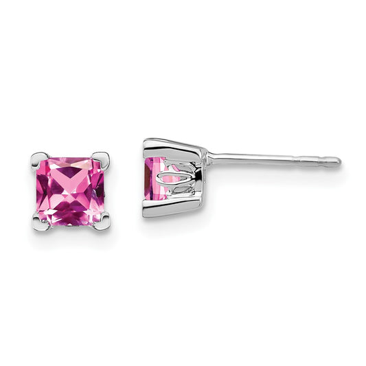 14k White Gold Square Created Pink Sapphire Earrings